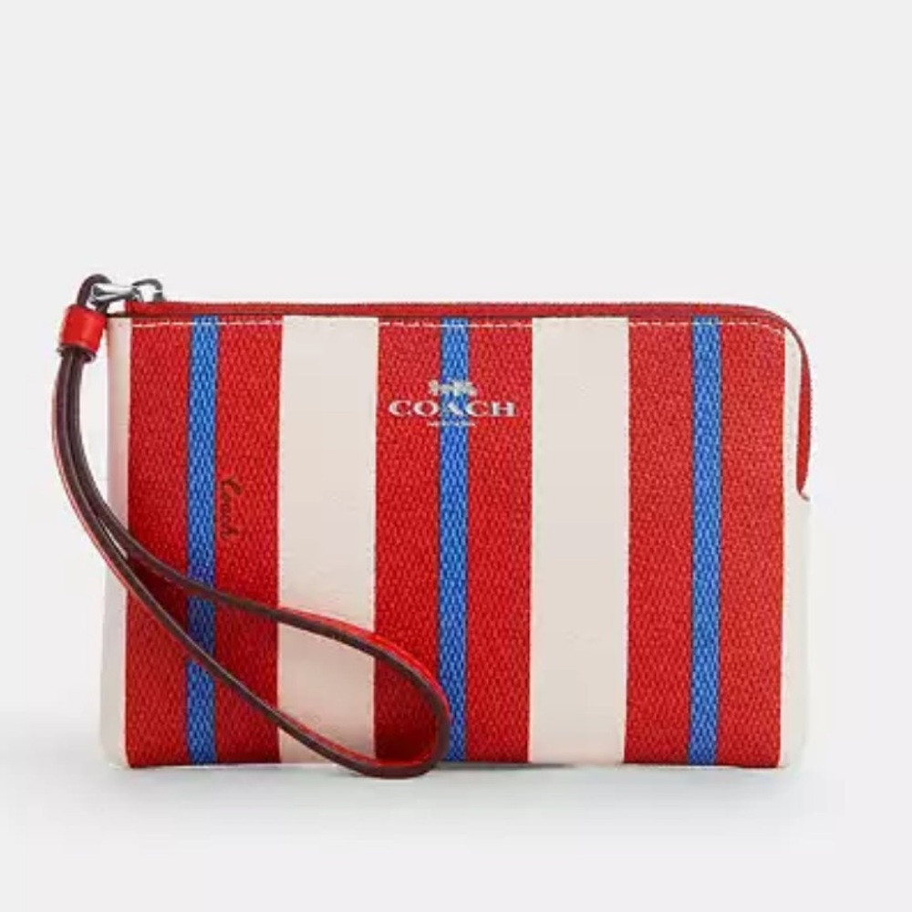 Coach Corner Zip Wristlet With Stripe Print nwt in packaging